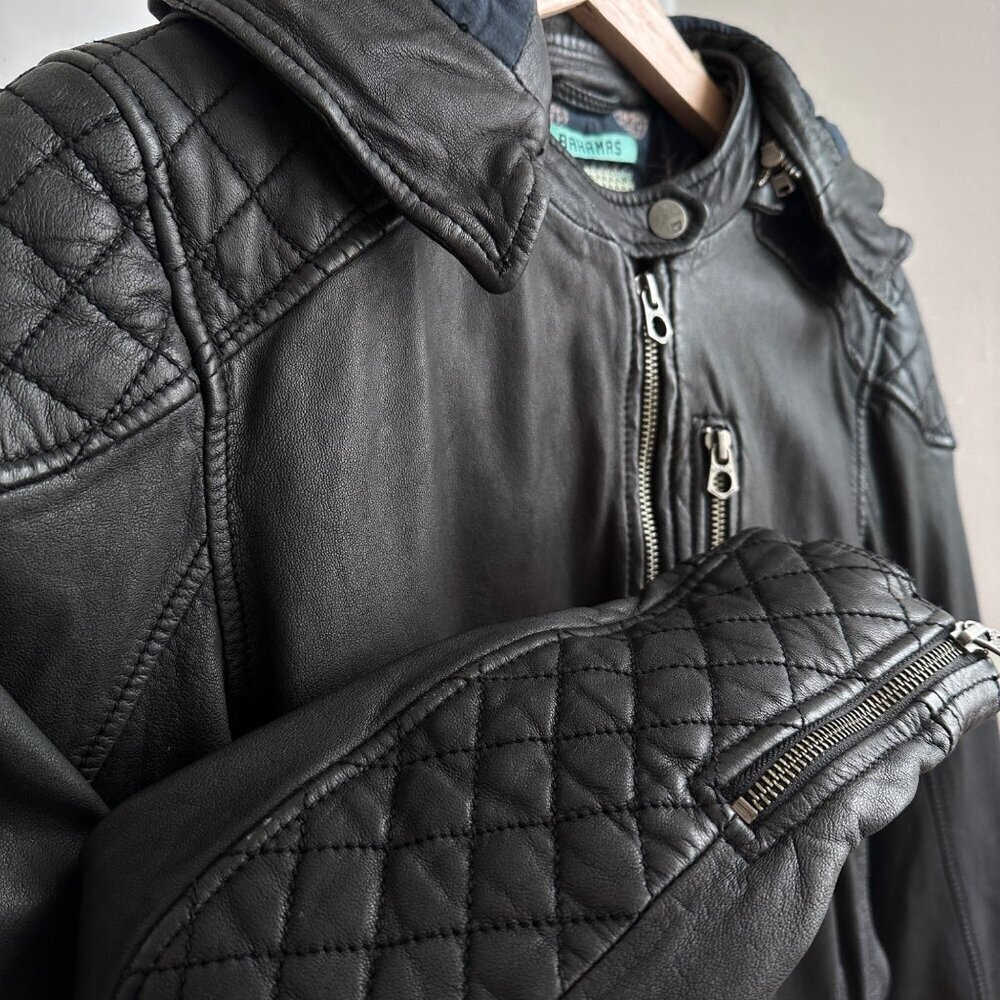 Scotch & Soda Black Leather Hooded Zip Moto Biker Jacket RARE Small - Picture 5 of 13